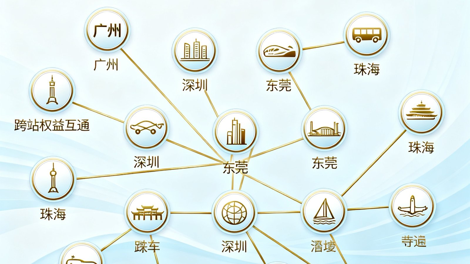 一张信息图表展示广东会贵宾厅跨站权益互通网络，用金色连线标注广州、深圳、东莞、珠海等18个站点之间的互通关系
