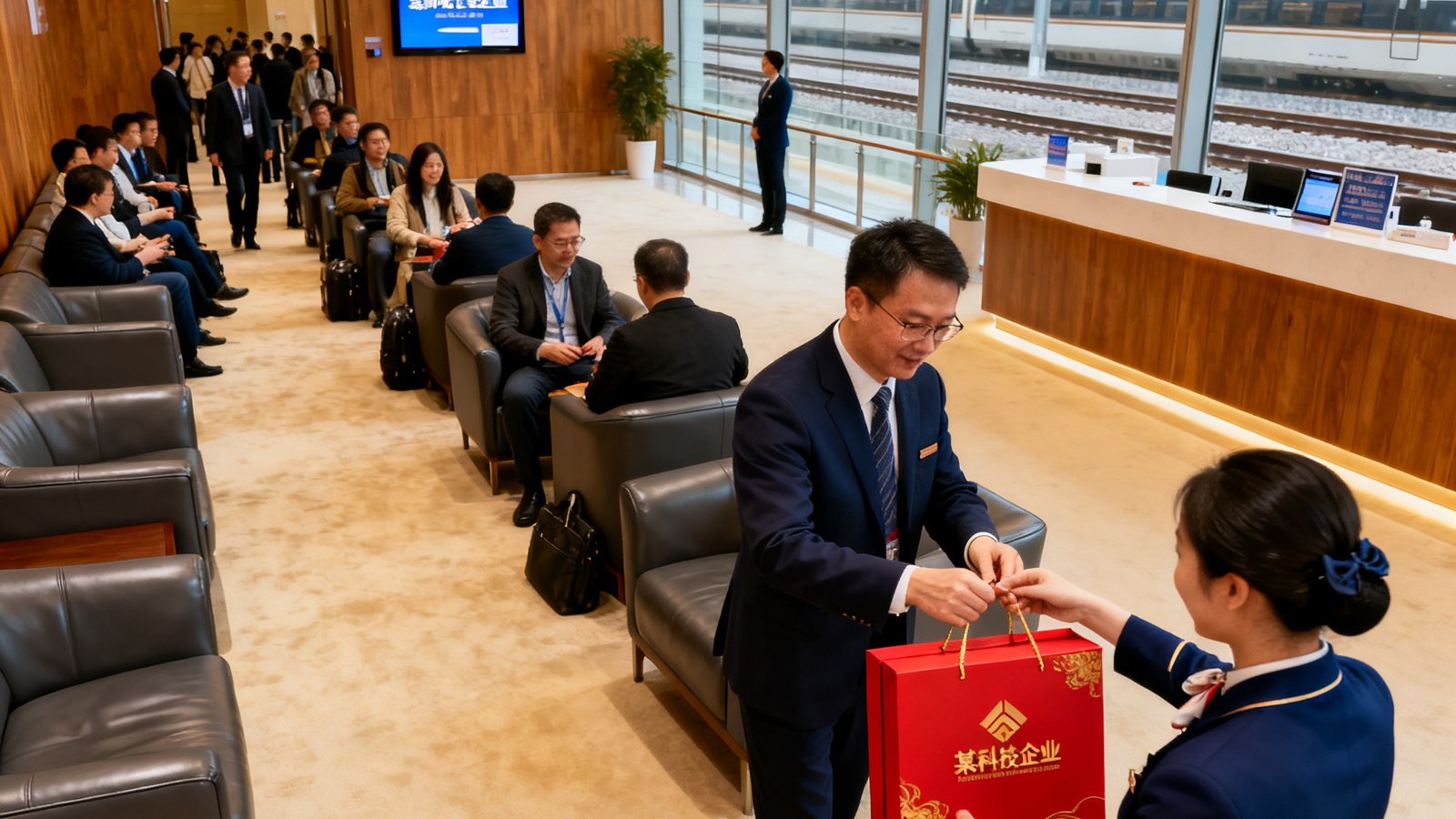 深圳北站贵宾厅为某科技企业年会团组提供的专属接待场景，30余位参会嘉宾在专属区域有序候车，礼宾人员正在分发定制伴手礼