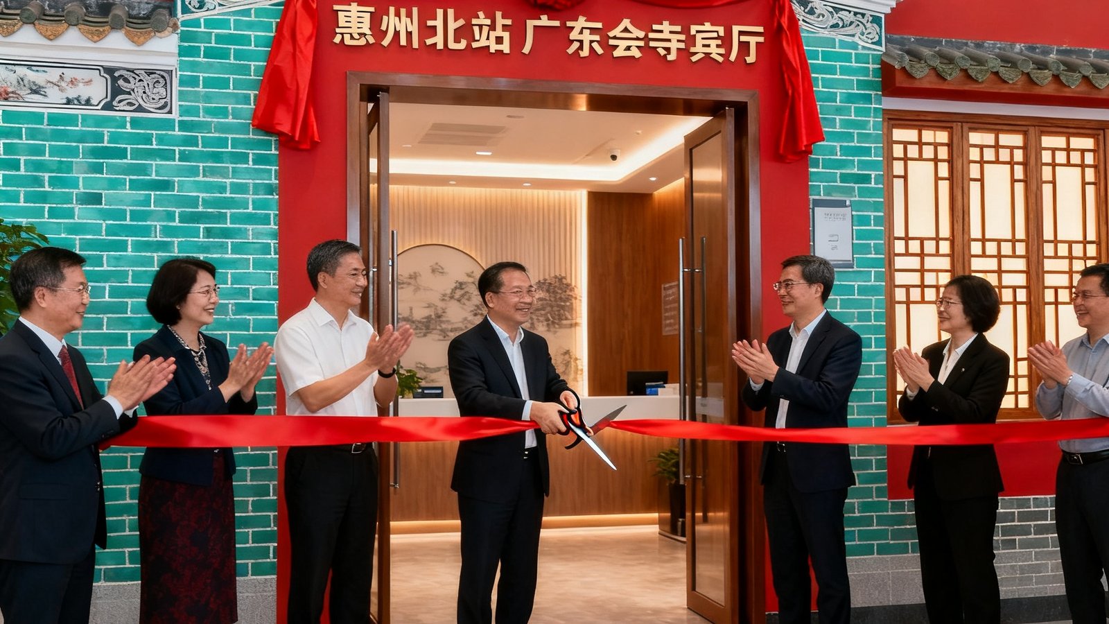 惠州北站广东会贵宾厅揭幕仪式现场，红色绸带被剪开，多位嘉宾站在新装修的贵宾厅入口处鼓掌庆祝，空间设计融合了岭南建筑元素