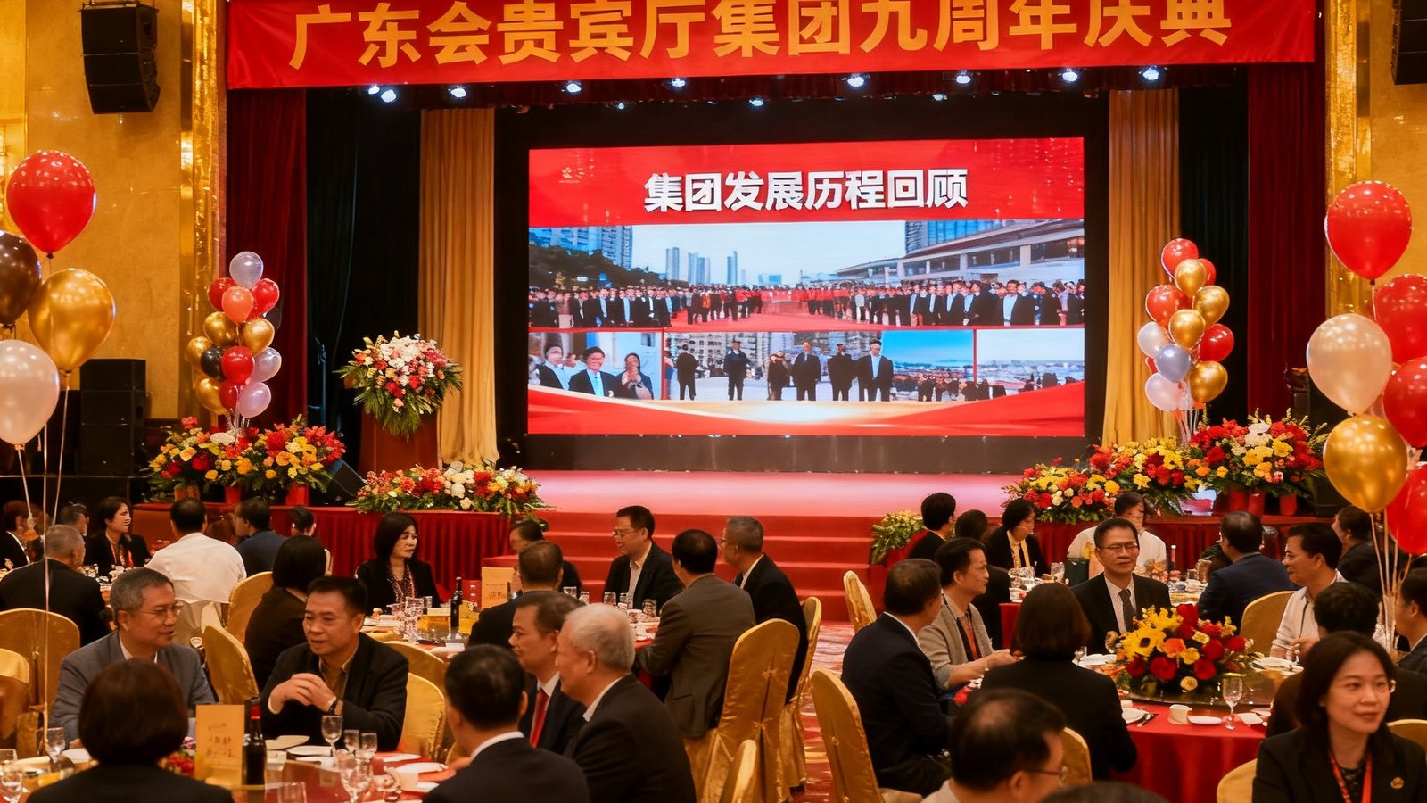 广东会贵宾厅集团九周年庆典现场，数百位会员代表齐聚宴会厅，舞台大屏幕播放着集团发展历程回顾视频，现场气氛热烈