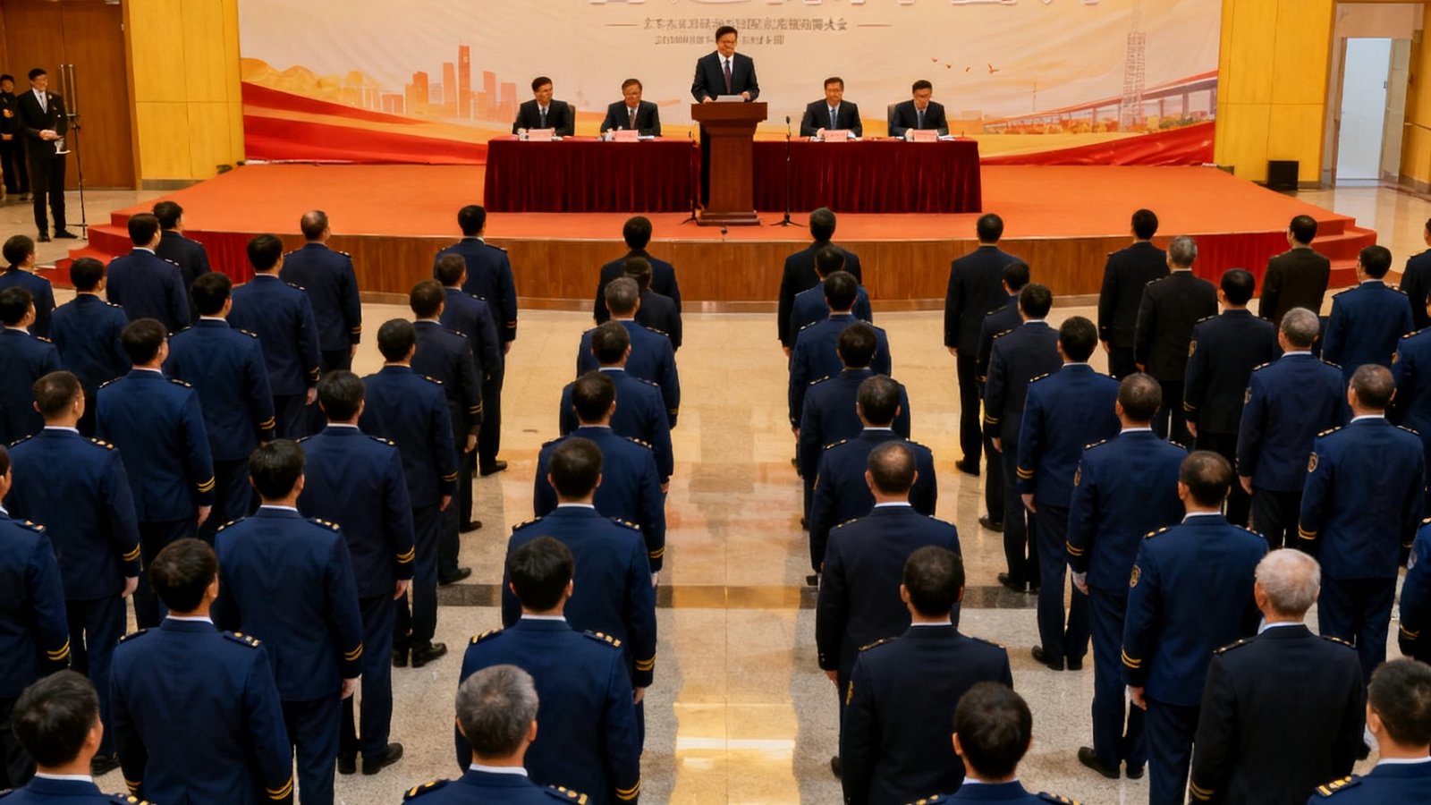 广东会贵宾厅集团春运保障动员大会场景，身着统一制服的员工方阵整齐站立，主席台上领导正在进行工作部署，背景横幅写着2025春运保障誓师
