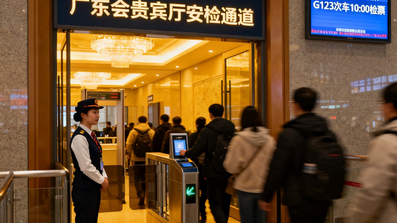 广东会贵宾厅专属安检通道入口，标识清晰醒目，工作人员正在引导旅客快速通过，通道旁设有电子显示屏实时更新列车信息